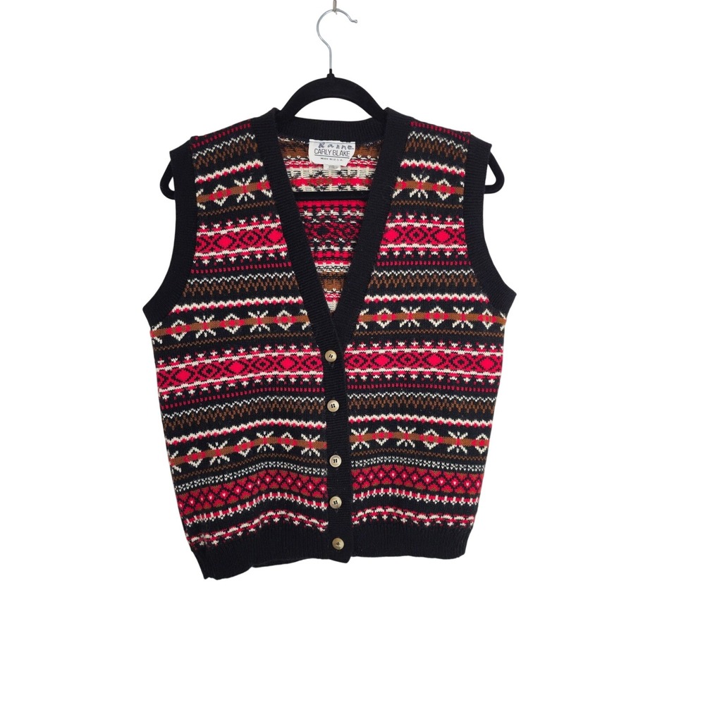 Carly Blake Fair Isle Knit Button Front Sweater Vest Small‎ Petite Black Red